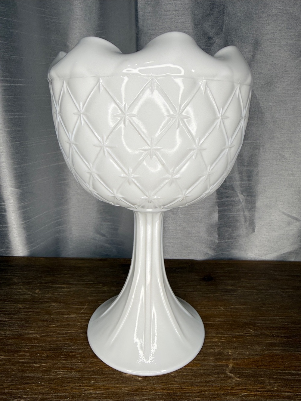 VTG Milk Glass Candy Pedestal Compote Quilted Duette Dish 9” Mid Century